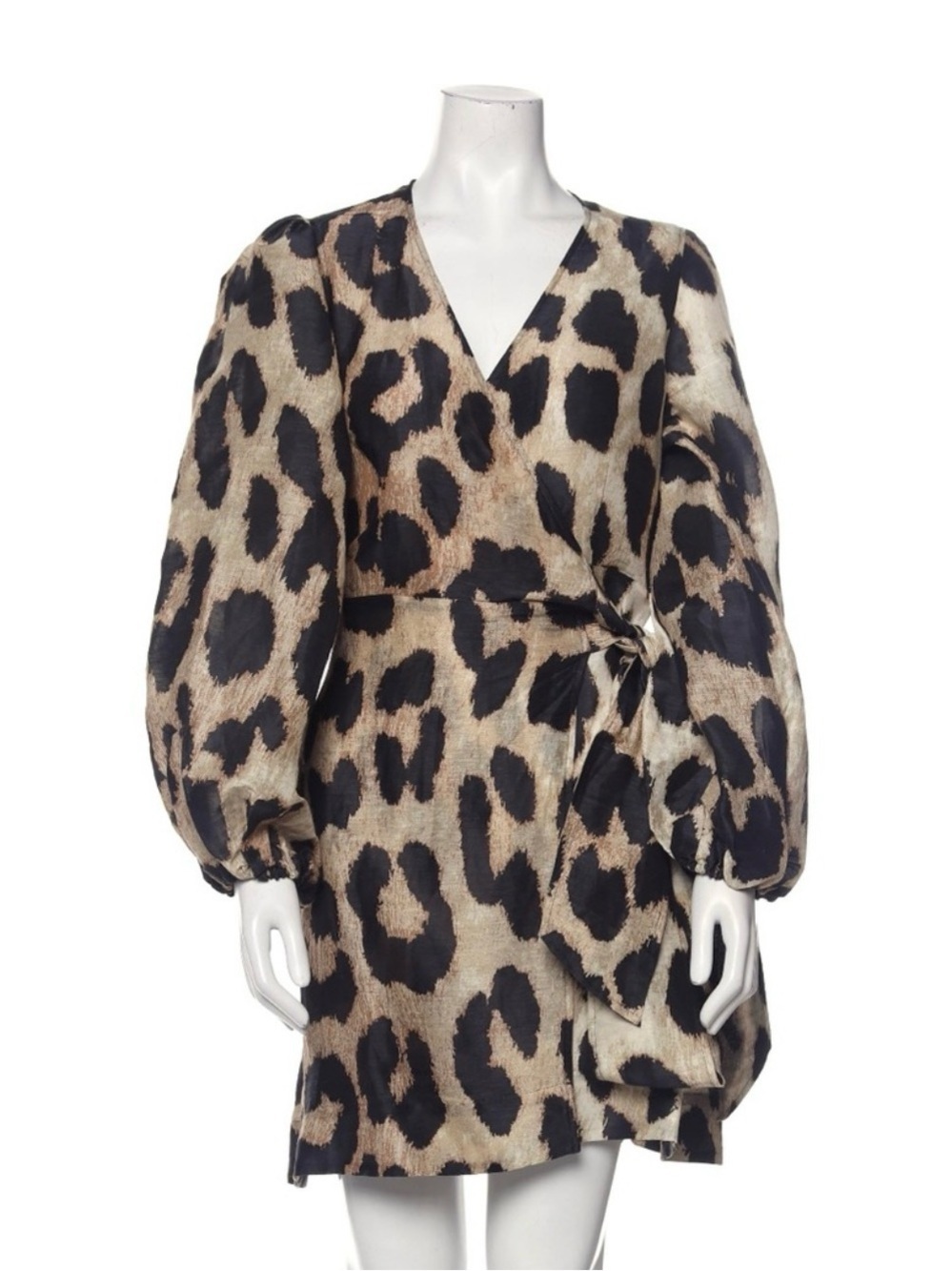 Ganni Leopard Linen Wrap Mini Dress Sz 34 US 2